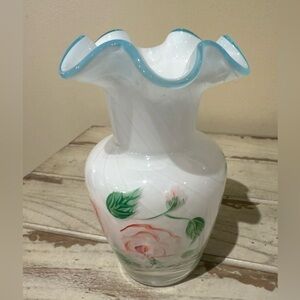 Vintage Fenton Art Glass Vase Opalescence Hand Painted Blue Crest Ruffled Rim